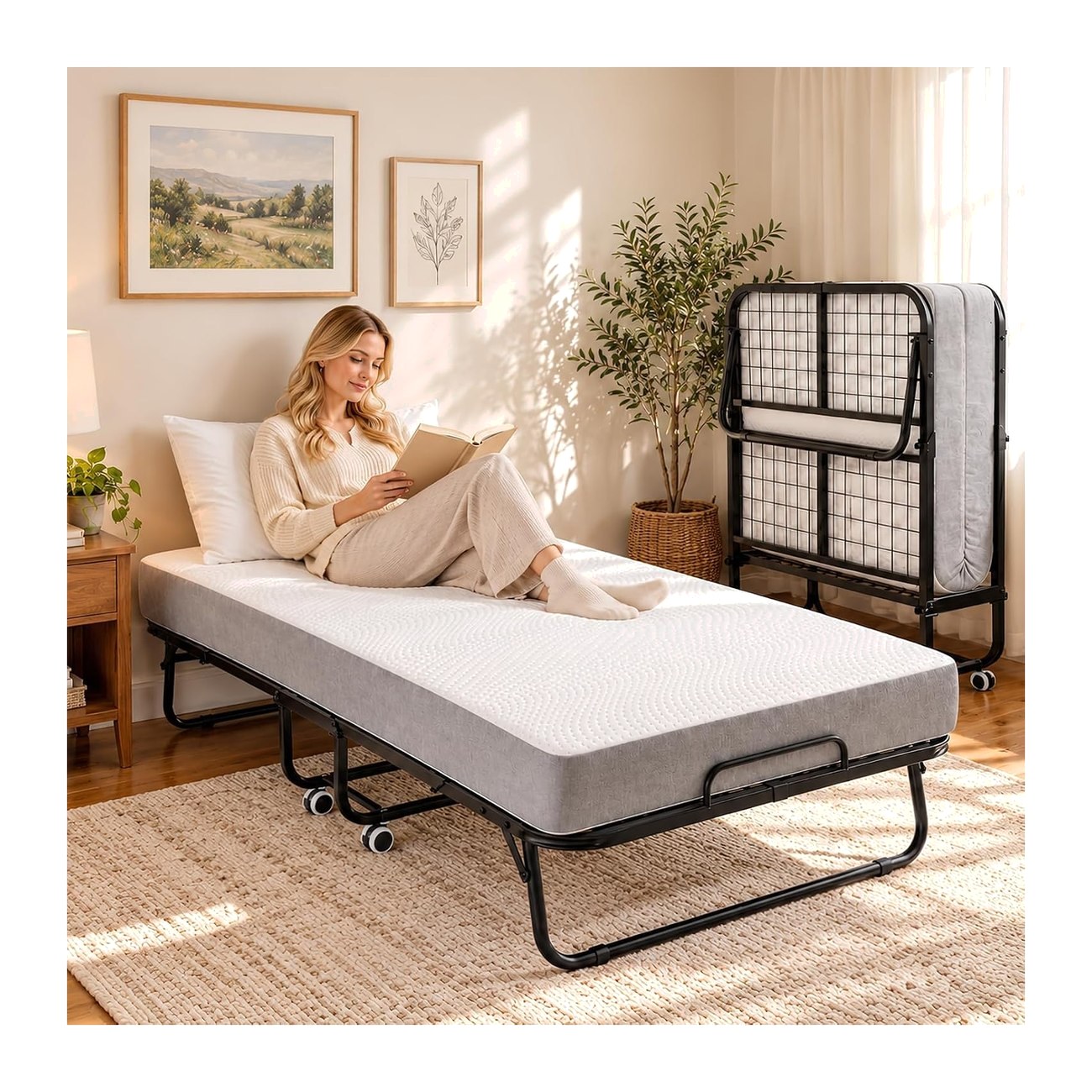 Folding guest bed set up in a living room