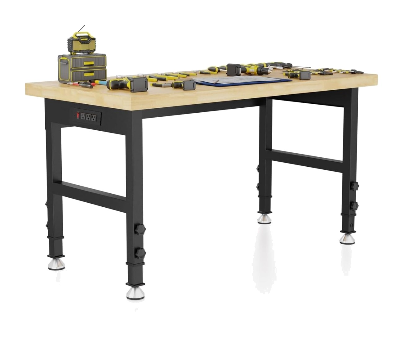 Climblocka 60 inch adjustable rolling workbench with solid wood top and power strip